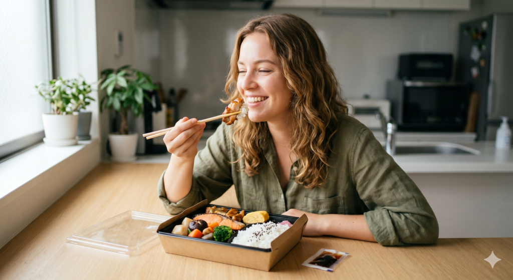 女性がおいしそうに宅配弁当を食べている