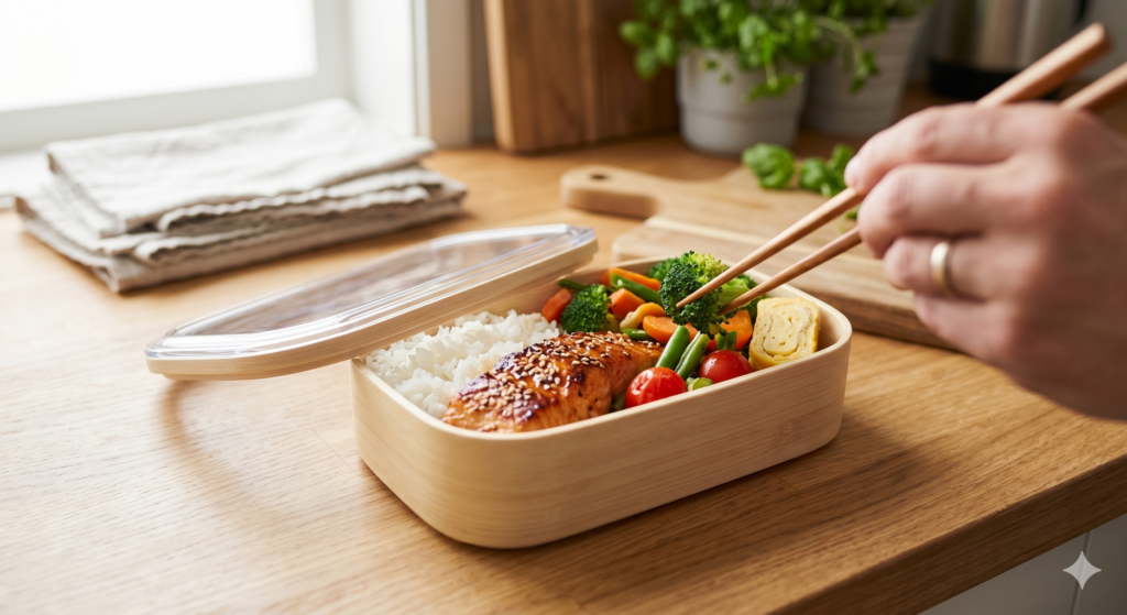 テーブルの上に蓋の空いたお弁当、箸がおかずをつまんでいて今にも食べるところ